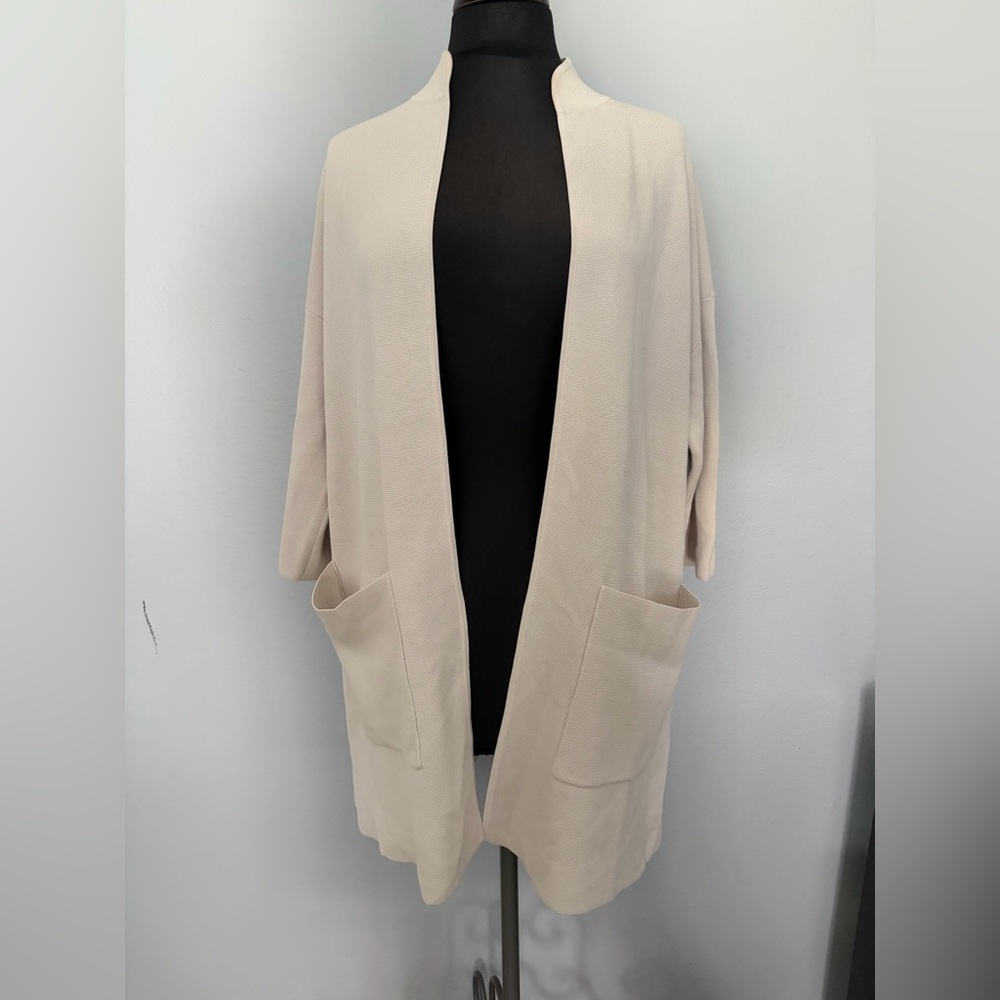 Eileen Fisher Open-Front Cream Knit Cardigan with Pockets